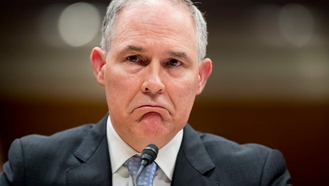 Environmental Protection Agency Administrator Scott Pruitt reacts while testifying before a Senate Appropriations subcommittee on the Interior, Environment, and Related Agencies on budget on Capitol Hill in Washington, May 16, 2018.