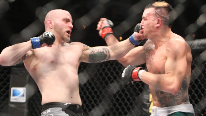 Justin Edwards connects with a left hand against Clay Harvison in the Ultimate Fighter 13 live finale from Las Vegas on June 4, 2011. Edwards went 2-5 in his stint with the UFC before being released in 2015.
