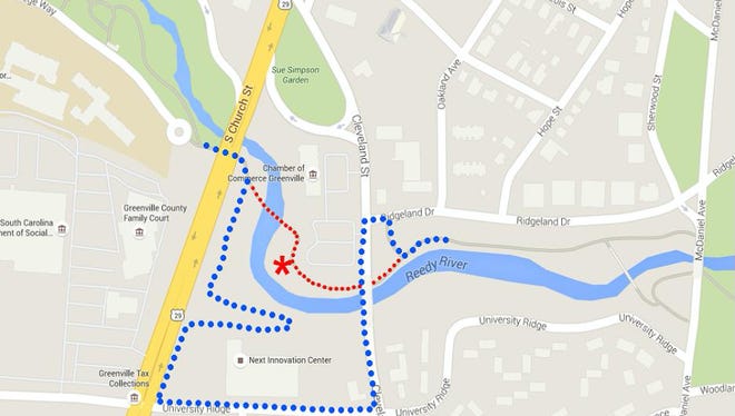 Detour around portion of the Swamp Rabbit Trail that will be closed Thursday, March 3.