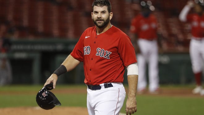 Former Red Sox first baseman Mitch Moreland during the third inning of a baseball game against the Washington Nationals on Friday, Aug. 28 at Fenway Park. Moreland was traded on Sunday to the San Diego Padres for a pair of prospects.