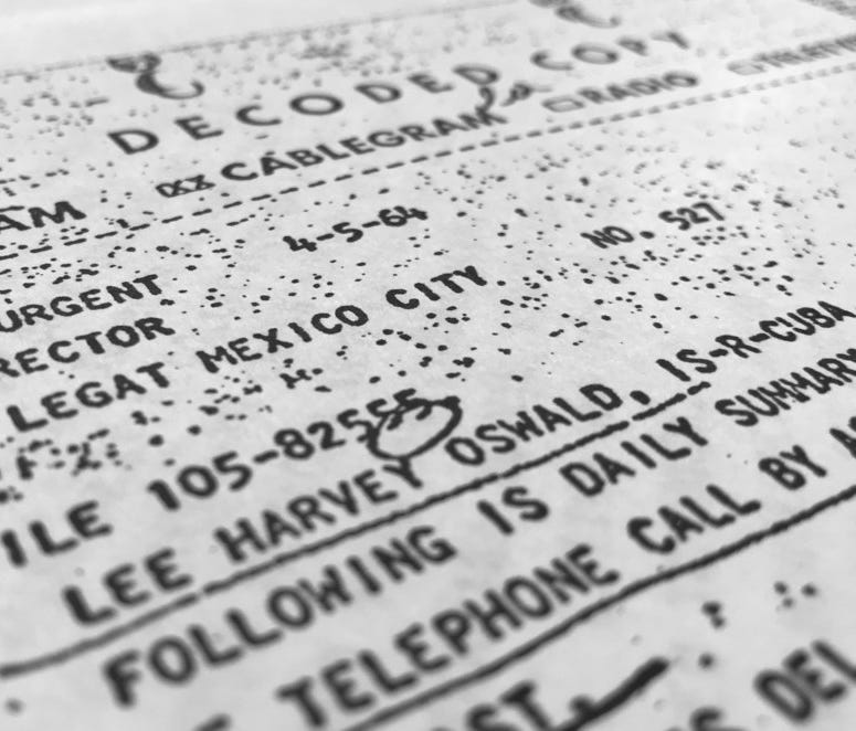 Part of a file, dated April 5, 1964, details efforts to trace Lee Harvey Oswald's travel from Mexico City back to the United States.