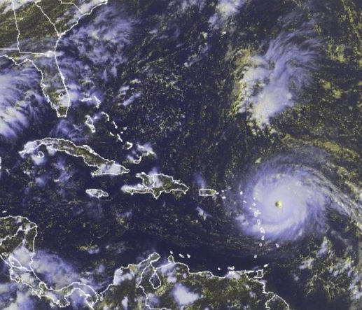 In this GOES-East satellite image taken Tuesday, Sept. 5, 2017 at 3:45 p.m. EDT, and released by the National Oceanic and Atmospheric Administration (NOAA), Hurricane Irma, a potentially catastrophic category 5 hurricane, moves westward in the Atlant