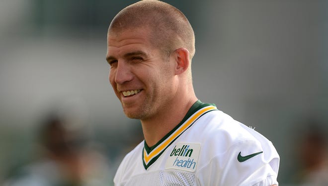 Green Bay Packers receiver Jordy Nelson is all smiles during training camp practice at Ray Nitschke Field.