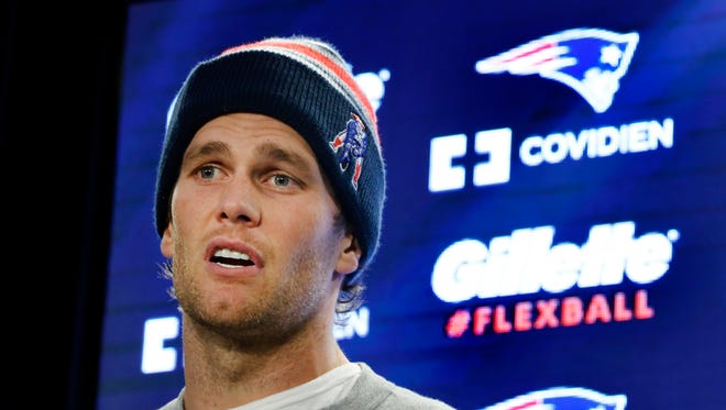 New England Patriots quarterback Tom Brady speaks at a news conference in Foxborough, Mass., Thursday, Jan. 22, 2015 as he addresses the issue of the NFL investigation of deflated footballs. (AP Photo/Elise Amendola)