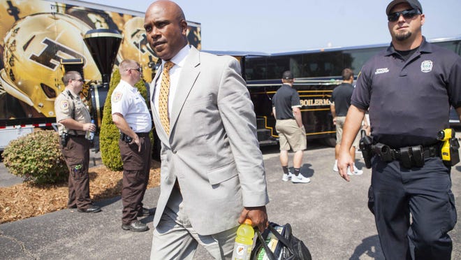 Sep 6, 2015; Huntington, WV, USA; Purdue Boilermakers head coach Darrell Hazell arrives at Joan C. Edwards Stadium prior to their game against the Marshall Thundering Herd. Mandatory Credit: Ben Queen-USA TODAY Sports