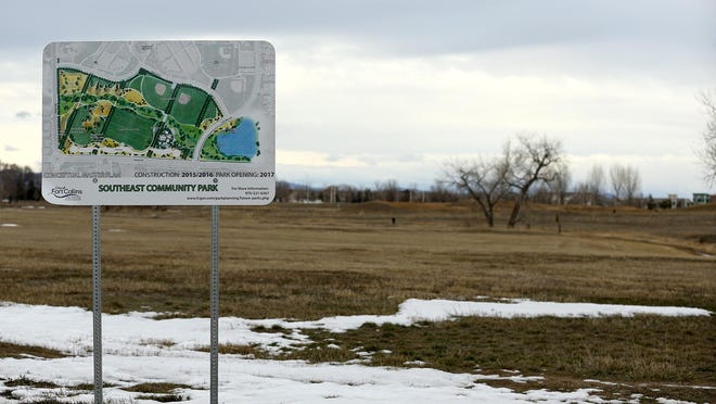 A sign advertises the yet-to-be-constructed Southeast Community Park in Fort Collins in February.