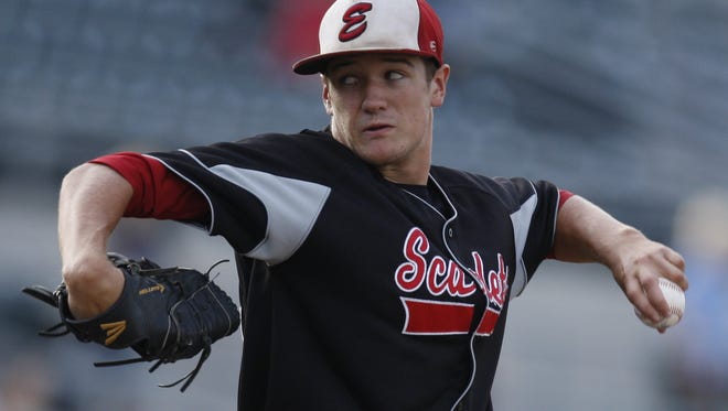 Des Moines East pitcher Colby Carmichael delivers during a Class 4-A state semifinal against Johnston on Aug. 2, 2013.