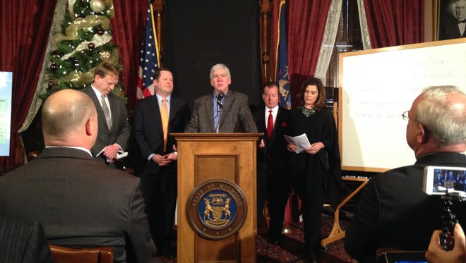 Michigan voters will be asked in May to approve increasing the sales tax from 6% to 7% to raise more than $1 billion a year to fix Michigan's crumbling roads and bridges, under a deal announced today by Gov. Rick Snyder and House Minority Leader Tim Greimel, House Speaker Jase Bolger, Senate Majority Leader Randy Richardville and Senate Minority Leader Gretchen Whitmer.
