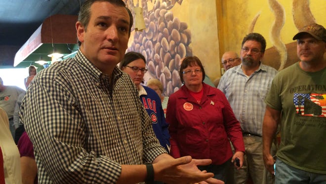 U.S. Sen. Ted Cruz, R-Texas, speaks to voters at the Rustic Brew restaurant in Hampton, Ia., on Saturday, Sept. 26, 2015.