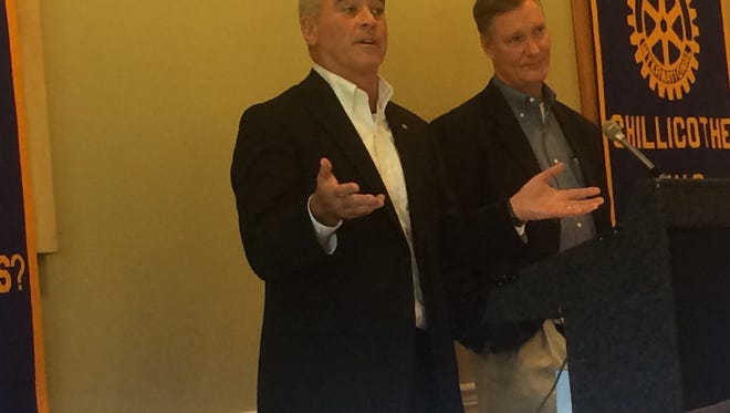 U.S. Congressmen Brad Wenstrup, left, and Steve Stivers speak to the Rotary Club Monday at the Chillicothe Country Club.