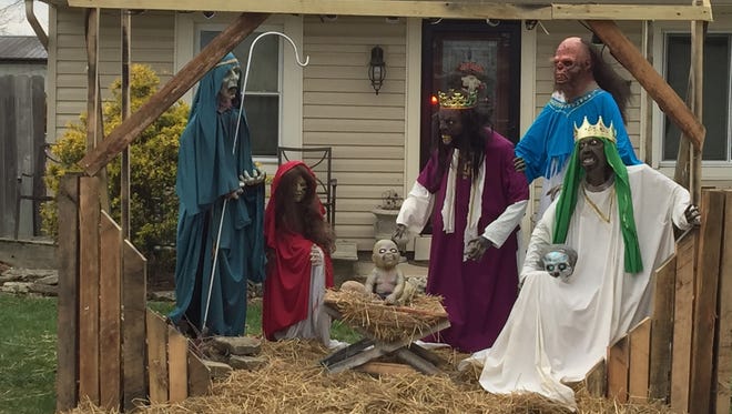 This Dec. 4, 2015 photo shows the accessory structure housing the zombie nativity scene in Rossmoyne, Ohio.
