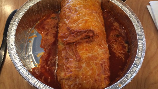 Pork burrito, smothered in medium red chili sauce at Durango's Mexican Grill.