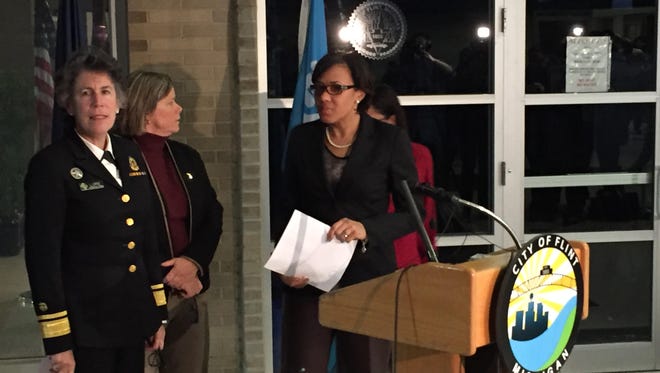 Flint Mayor Karen Weaver addressed reporters at a press conference on Friday, Jan. 29, 2016 to announce elevated lead levels found in water samples in the city that exceeded the rated ability of water filters handed out to residents