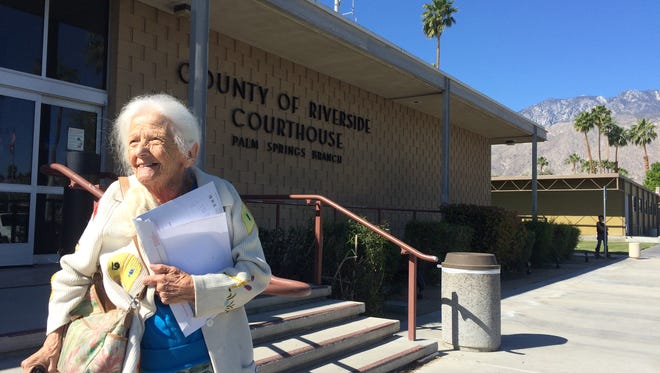 Evelyn Heller, 100, leaves the Palm Springs courthouse after losing an eviction trial on Friday.