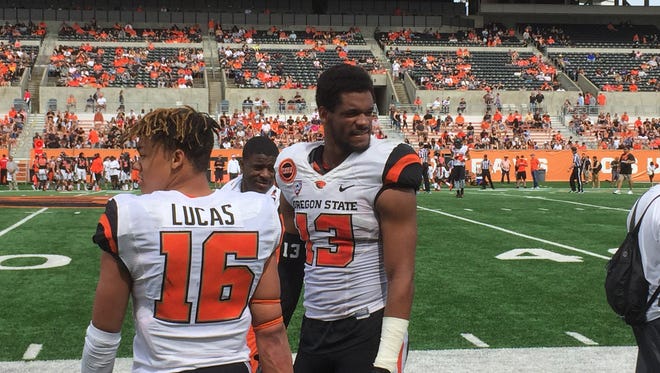 Oregon State wide receiver Jordan Villamin (right) scored two touchdowns in the Spring Game.