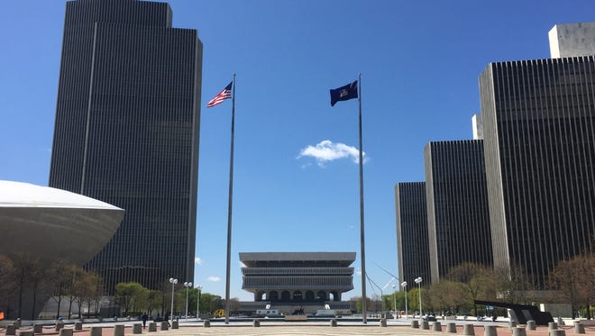 Empire State Plaza in Albany. The Department of Health is headquartered in Corning Tower, the second building from left.