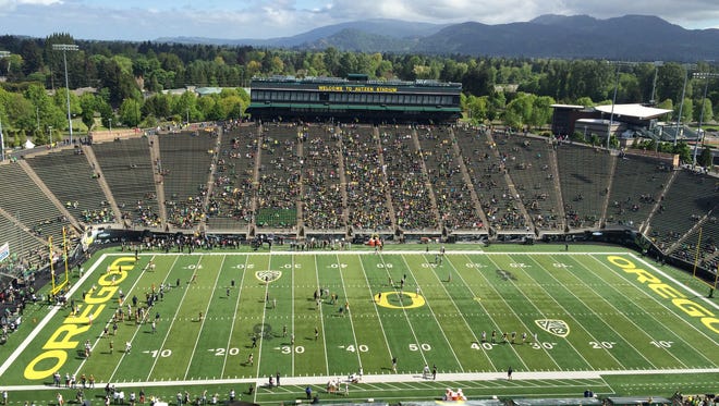 The Oregon football Spring Game is set to begin at about 11 a.m. today at Autzen Stadium in Eugene.