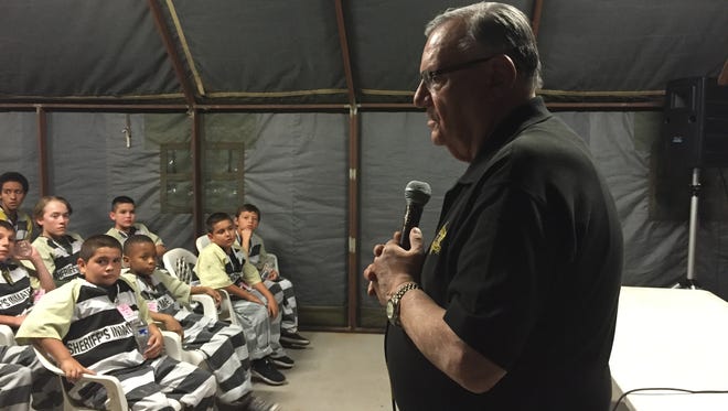 Maricopa County Sheriff Joe Arpaio speaks with Tent City camp-goers about staying out of trouble on June 23, 2016.
