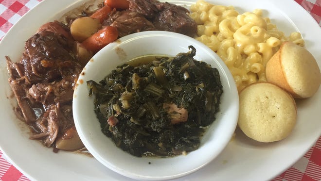 DC's Country Kitchen slow cooks pot roast, turnip greens, macaroni and cheese, and sweet corn muffins.