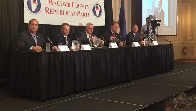 Republican candidates for the 10th Congressional District gathered in Shelby Township for a debate Tuesday night, including: Tony Forlini, David VanAssche, Paul Mitchell, Alan Sanborn and Phil Pavlov.