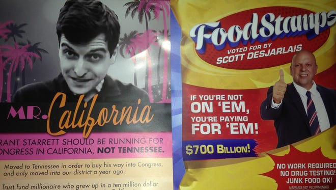A campaign mailer from U.S. Rep. Scott DesJarlais, left, says Republican rival "Grant Starrett is Mr. California," while a Starrett mailer says, "FoodStamps VOTED FOR BY SCOTT DESJARLAIS."