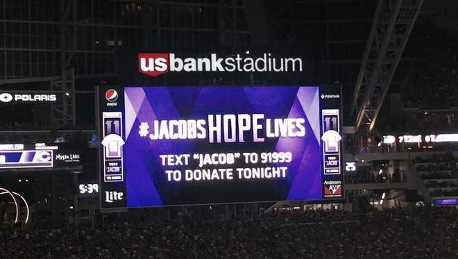 The Vikings and Jacob Wetterling Resource Center have teamed up on a campaign in which fans can donate to the organization. The campaign was highlighted Sunday night, Sept. 18, 2016, during the team's game against the Green Bay Packers.