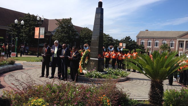 Former FAMU Presidents, LR: James Ammons, Frederick Humphries, Larry Robinson (Interim) and Walter Smith, at the post-convocation ceremony at the Eternal Flame.