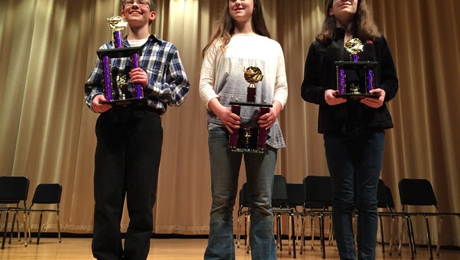 The winners of this year's Sioux Falls Regional Spelling Bee. From left: Brandon Valley sixth-grader Ryan Presler, home-schooled eighth-grader Lacey Howe and Brandon Valley eighth-grader Lauren Vander Esch.