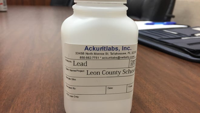 This plastic jar is what Leon County Schools use to collect water samples from sinks and drinking fountains to be tested for lead content.