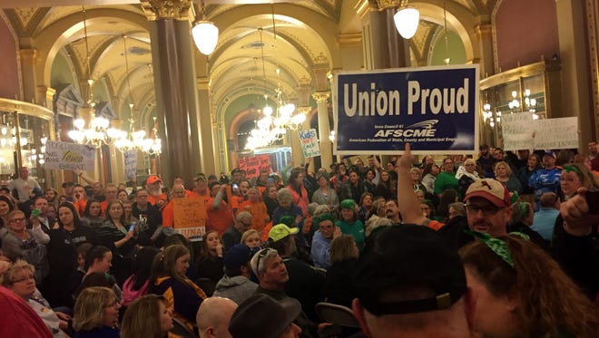 The Iowa Capitol Rotunda was packed, mostly with union members, when the Legislature considered a bill that limits collective bargaining for Iowa's 184,000 public employees.