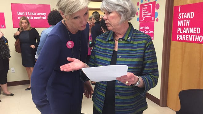 Cecile Richards, President of Planned Parenthood Federation of America, left, chats with Ruth-Ellen Blodgett, president of Planned Parenthood Mid-Hudson Valley, before Tuesday's discussion in Kingston.