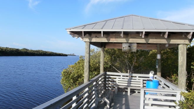 A covered rest area at the end of Rotary Park's Glover Bight Trail boardwalk is an ideal spot to savor the sights and sounds of the great outdoors.