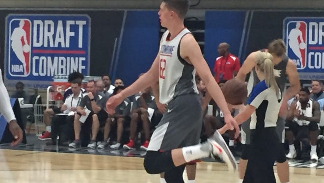 Michigan's Moe Wagner plays defense at the NBA Combine on May 11, 2017