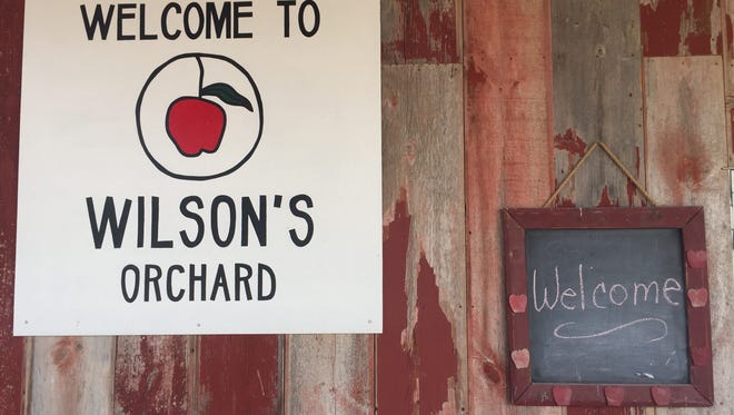 Signs welcome guests to Wilson's Orchard in Iowa City on Sept. 14, 2017.