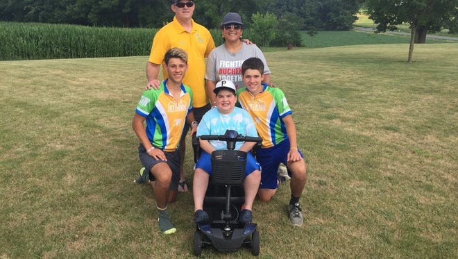 The Hains Family, front row, from left, Luke, Levi and Lance and, back row, Gordy and Perlita, welcomed JettRide 2018, which includes Luke and Lance, to their South Lebanon home on Monday afternoon.