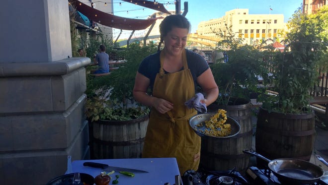 Jessica Marrufo-Shapiro of the Cheese Board won the first round of the Chefs Al Fresco cook-off July 16 on the terrace of Campo Reno. She returns for the finals on July 30.
