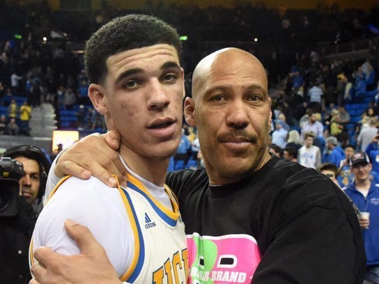 LaVar Ball with son Lonzo Ball on March 4, 2017 after a game at UCLA.