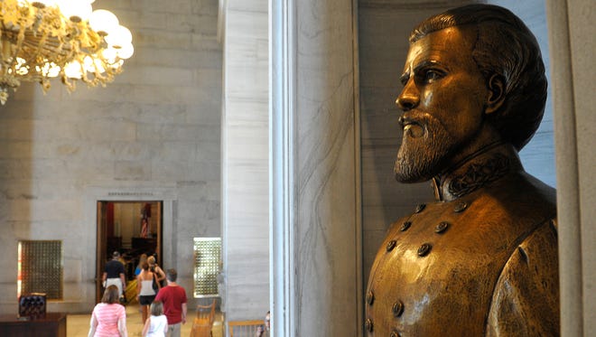 A bust of Nathan Bedford Forrest remains a fixture at the Tennessee state Capitol outside the House and Senate chambers.