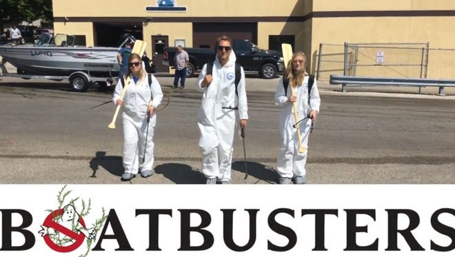 Jenna Bales, Brad Steckart and Sara Fox (left to right) are shown in "Boatbusters," a video they created for the  2018 Wisconsin Invader Crusader Award contest. The video was awarded first place.