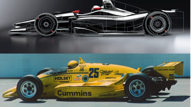 IndyCar's 2018 car design is pictured at top. Al Unser Sr.'s 1987 Indy 500 car.