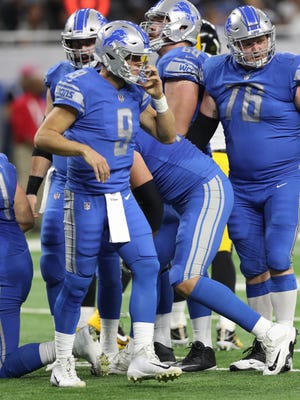 Lions quarterback Mathew Stafford  after being sacked by the Steelers defense during the first quarter on Sunday, Oct. 29, 2017, at Ford Field.