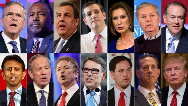 This combo made from file photos shows the 2016 Republican presidential candidates who have officially declared their candidacy as of Sunday, July 12, 2015. Top row, from left, Former Florida Gov. Jeb Bush, retired neurosurgeon Ben Carson, New Jersey Gov. Chris Christie, Texas U.S. Sen. Ted Cruz, former Hewlett-Packard CEO Carly Fiorina, South Carolina U.S. Sen. Lindsey Graham, and former Arkansas Gov. Mike Huckabee. Bottom row, from left, Louisiana Gov. Bobby Jindal, former New York Gov. George Pataki, Kentucky U.S. Sen. Rand Paul, former Texas Gov. Rick Perry, Florida U.S. Sen. Marco Rubio, former U.S. Sen. Rick Santorum, and real estate mogul Donald Trump. (AP Photo)