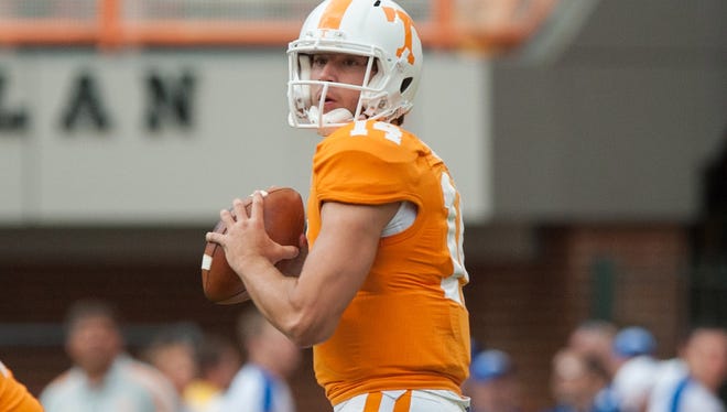 Justin Worley is the only quarterback on the Tennessee roster who has played in a college game, including this one last season vs. Georgia State.