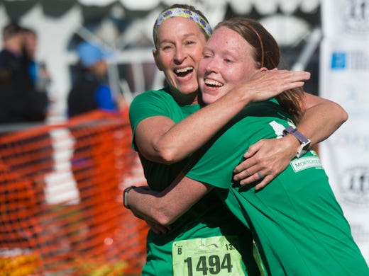 Sharon Rivers, left, and Kelsey Deel celebrate after