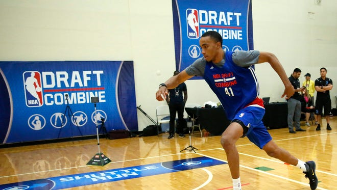 Brice Johnson, from North Carolina, participates in the NBA draft basketball combine Friday, May 13, 2016, in Chicago.