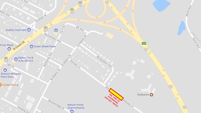 Kimsey Lane will be reduced to one lane of traffic on Wednesday, Sept. 6, 2017.