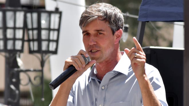 U.S. Rep. Beto O'Rourke speaks at an early afternoon campaign rally in the courtyard patio of a Texas Street restaurant in August.