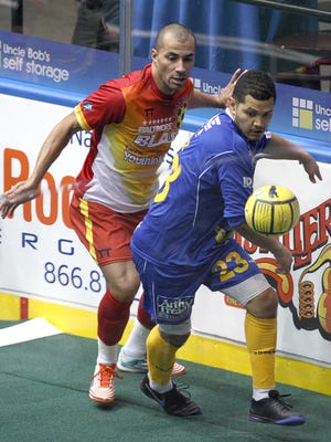 Baltimore's Lucio Gonzaga chases Lancers' Jeremy Ortiz during a game at the Blue Cross Arena at the Rochester Community War Memorial last year.