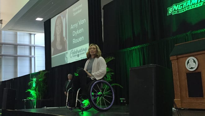 Former Olympic swimming champion Amy Dan Dyken-Rouen speaks during the 11th Annual Celebrating Women's Athletics Luncheon in the Binghamton University Events Center on Monday, February 22, 2016.