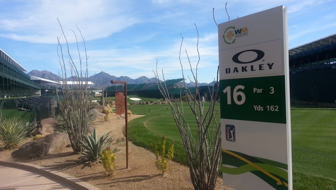A view of the tee box at the 16th hole at the TPC Scottsdale.